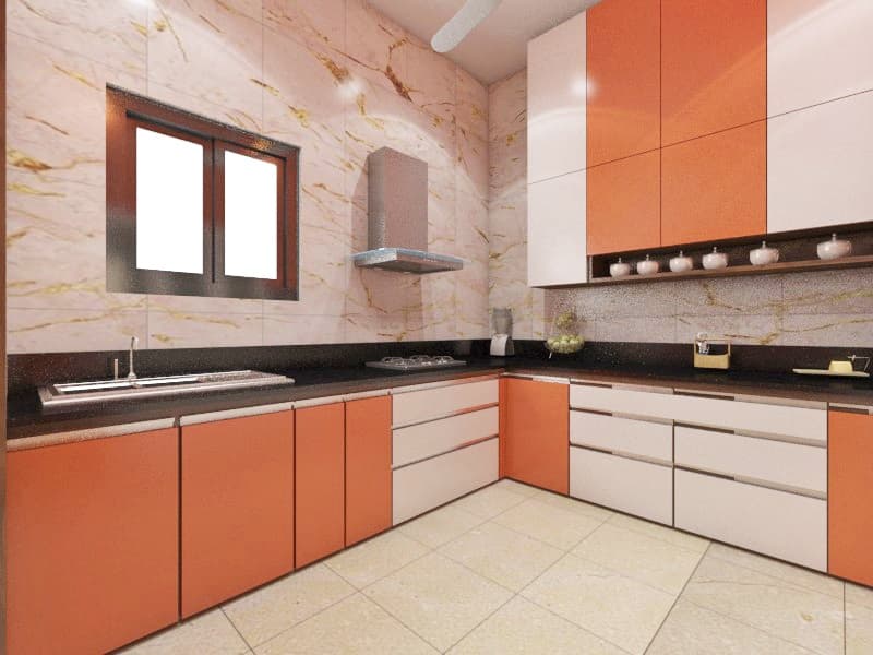 Vibrant Modular Kitchen With Marble Backsplash