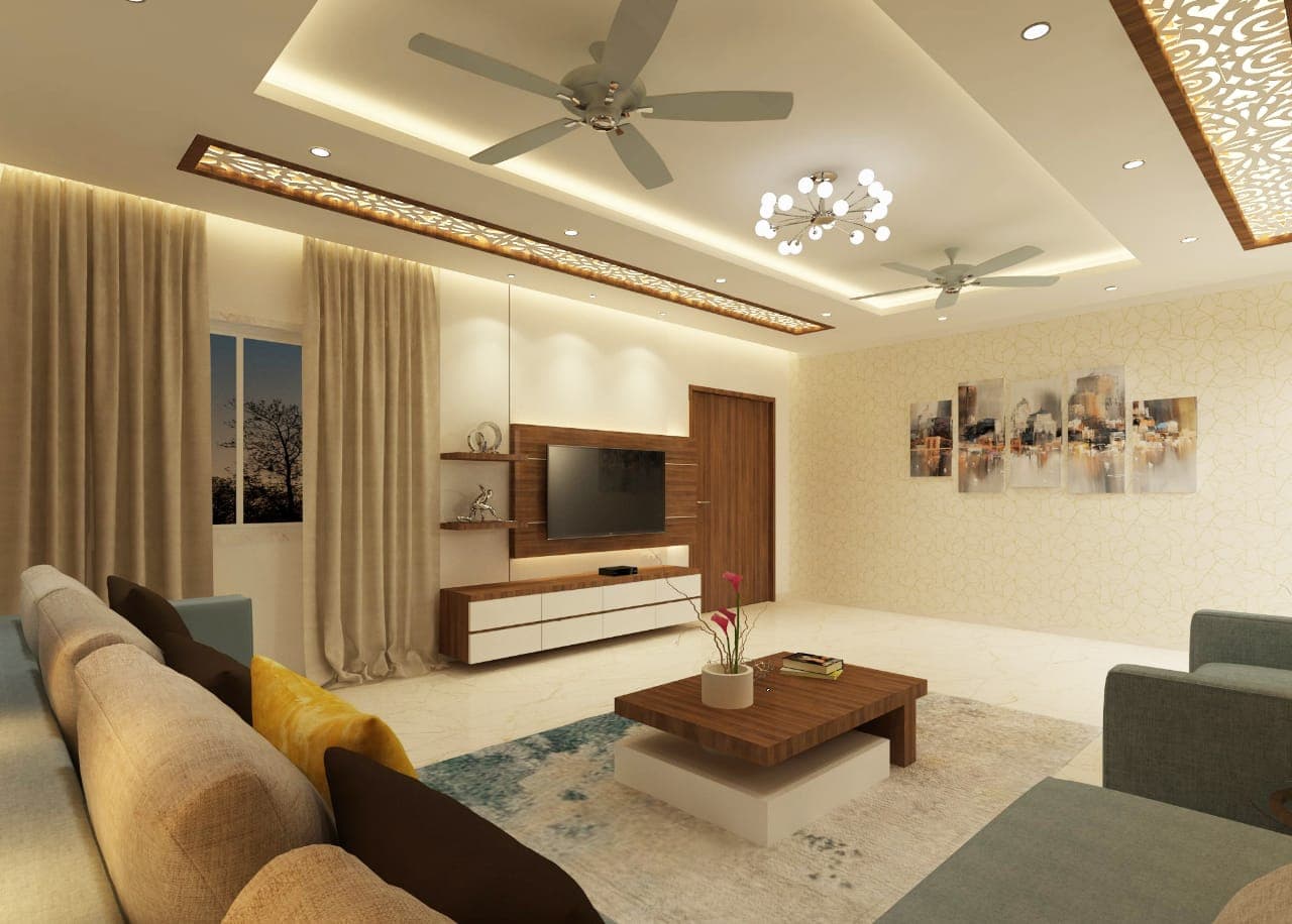 Spacious Living Room With Fretwork Ceiling Panel