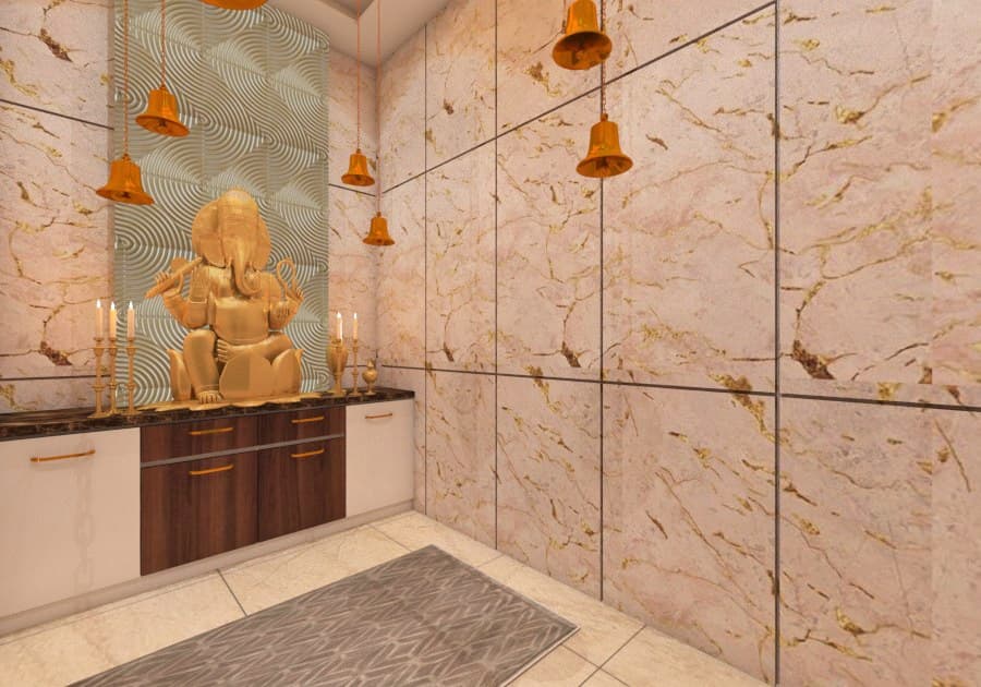 Marble Pooja Room With Gold Accents